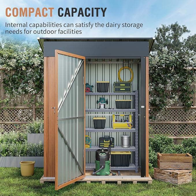 5x3 Ft Storage Shed, Outdoor Metal Shed with Floor Base& Lock, Small Lean to Shed, Compact Vertical Outside Bike Tiny House for Garden, Backyard, Patio, Tool-VerdiqueGarden