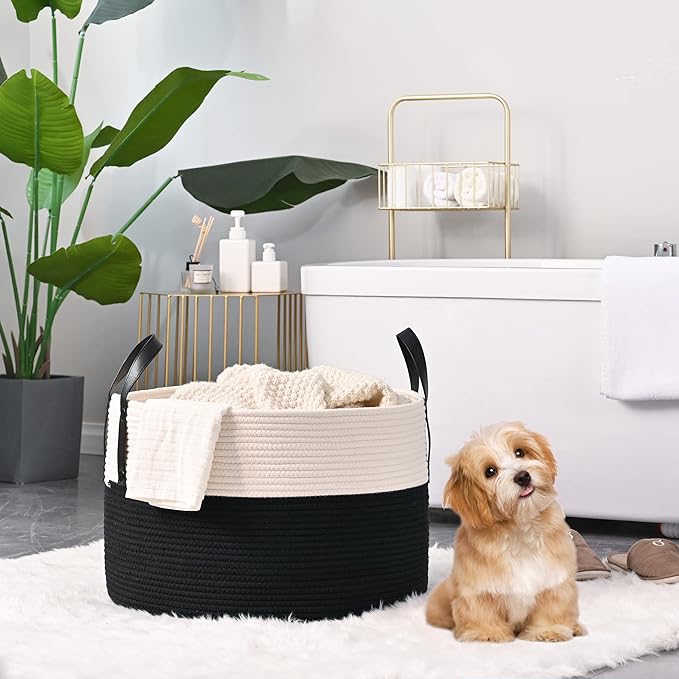 KAKAMAY Large Blanket Basket (20"x13"),Woven Baskets for storage Baby Laundry Hamper, Cotton Rope Blanket Basket for Living Room, Laundry, Nursery, Pillows, Baby Toy chest (White/Black)-VerdiqueGarden