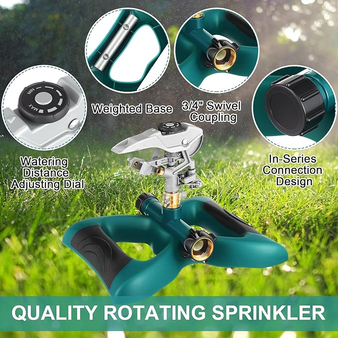 1 Packs Lawn Impact Sprinkler Heavy Duty Rotating Adjustable Pulsating Water Sprinkler Head with Metal Base, Adjustable Spraying Area and Distance for Large Area Garden Lawn Yard Irrigation-VerdiqueGarden