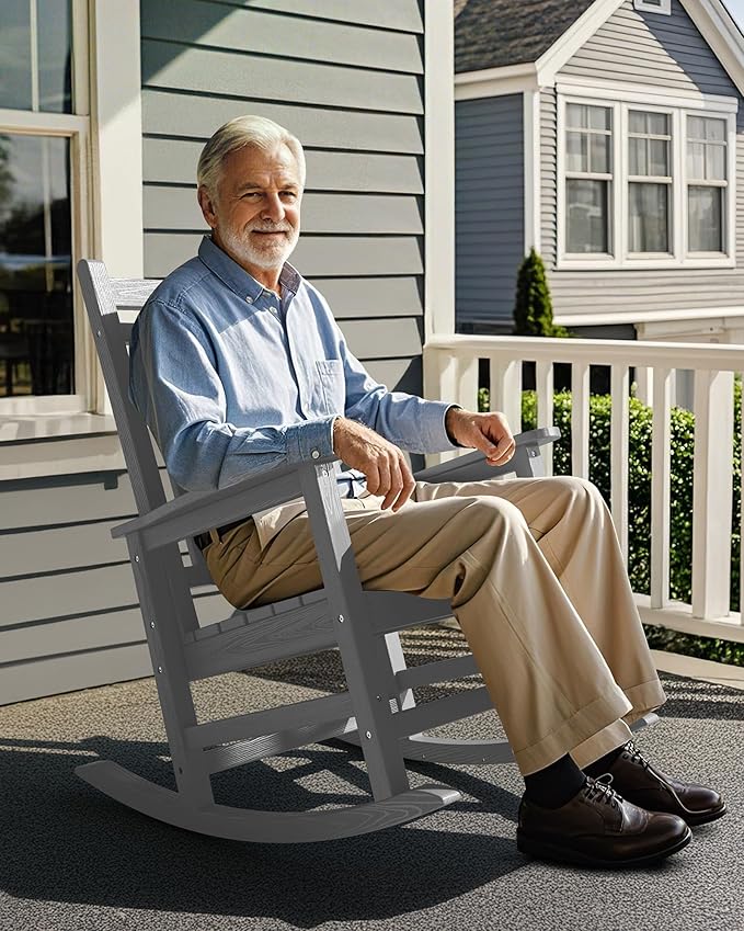 SERWALL Oversized Outdoor Rocking Chair Set of 2, HDPE Rocker for Adults, Patio Rocking Chairs for Porch, Sliver Gray-VerdiqueGarden