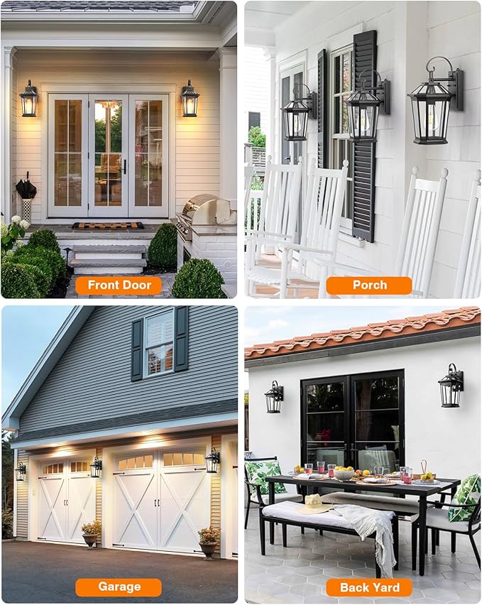 VIANIS Dusk to Dawn Outdoor Wall Lighting, Exterior Light Fixture Wall Mount for House Front Porch Light, Black Anti-Rust Aluminium Modern Outside Coach Lantern with Tempered Glass Shade for Garage-VerdiqueGarden