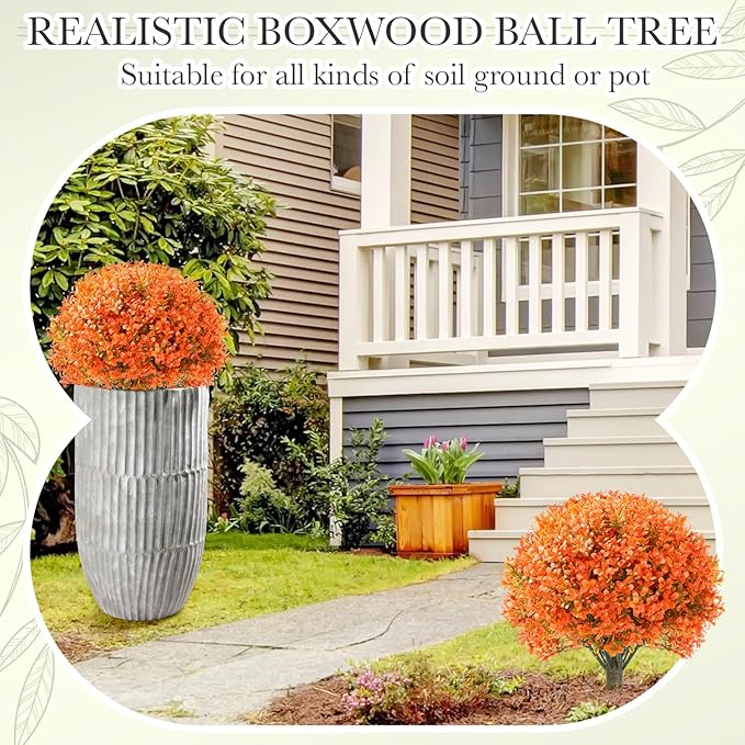 Yunlly 2 Pack 18" Artificial Boxwood Ball Bush Topiary Trees Fake Outdoor Plants, Realistic UV Resistance Faux Shrubs with Spike Greenery Topiary for Front Porch Garden Yard Patio Indoor (Orange)-VerdiqueGarden