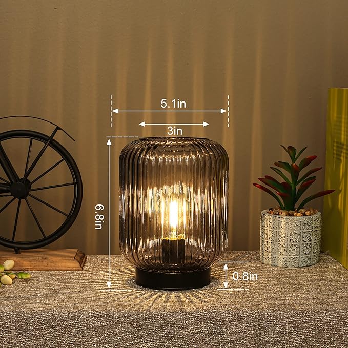 Battery Operated Lamp, Cordless Table Lamps for Home Decor, Battery Powered Nightlight with LED Bulb, Decorative Glass Beside Lamp for Bedroom Living Room-Grey-VerdiqueGarden