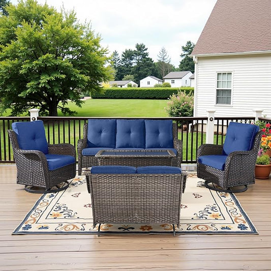 5 Piece Outdoor Patio Furniture Set - Outdoor Conversation Couch and Loveseat Glider Chair Furniture Set with Rattan Coffee Table for Deck Balcony Poolside Brown Wicker/Blue Cushions-VerdiqueGarden
