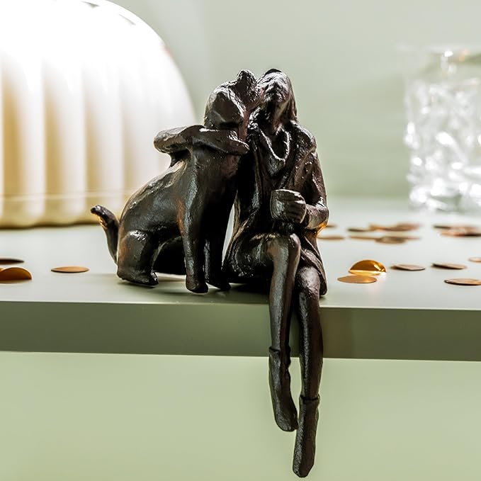 Cast Iron Sitting Woman and Dog Statue, Love Figurine, Gifts for Dog Lovers, Memorial Gifts for Women and Girls, Black-VerdiqueGarden