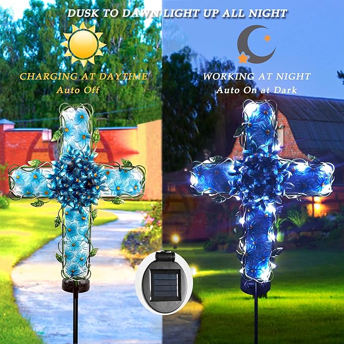 Solar Cross Garden Lights Outdoor Decorative - Solar Metal&Glass Cross Blue Hydrangea Flower Stake Lights- Waterproof 20 Warm White LED for Remembrance Gifts-VerdiqueGarden