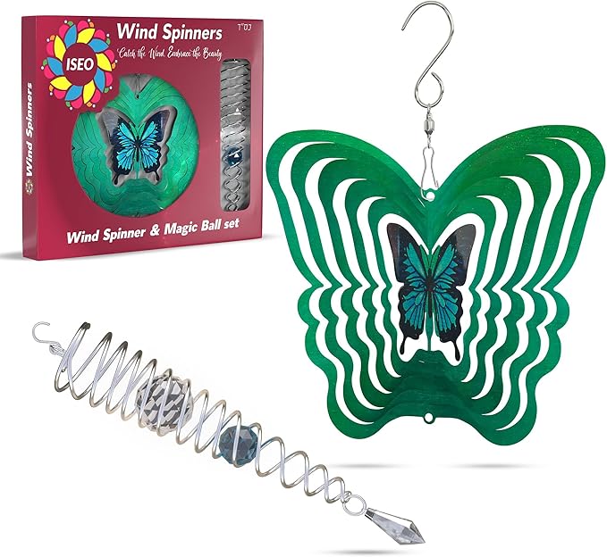 ISEO Butterfly Wind Spinner and Gazing Ball Set, Metal Wind Spinner Garden Decor, Hanging Garden Decorations, Weather-Resistant Outdoor Wind Spinners, 6.5" Spinner Garden Décor-VerdiqueGarden