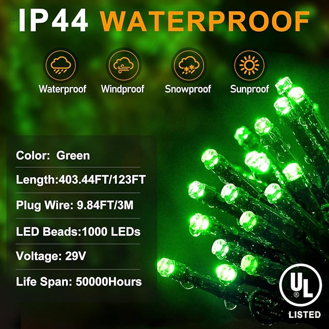 KNONEW 403FT 1000 LED Christmas String Lights Outdoor Green Wire Fairy Light 8 Modes & Timer Plug in Waterproof LED String Lights for Xmas Yard Tree Wedding Party Holiday Decorations(Green)-VerdiqueGarden