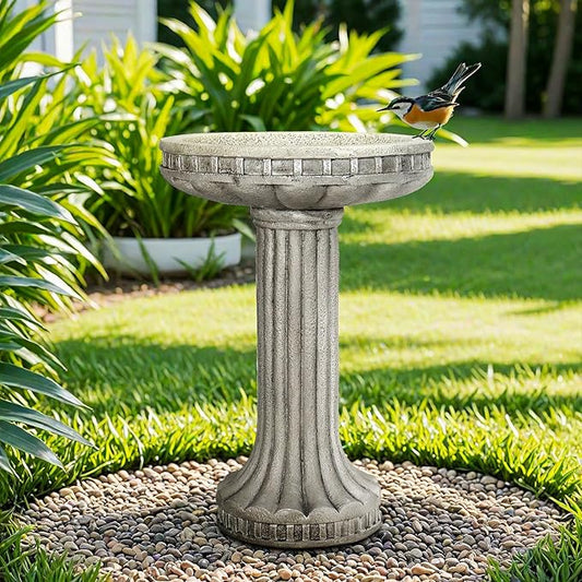 SunJet 24” H x 16” Dia Outdoor Birdbath with Classical Pedestal - Fibre Reinforced Concrete Birdbaths, Vintage Design for Garden Decor & Bird Attraction-VerdiqueGarden