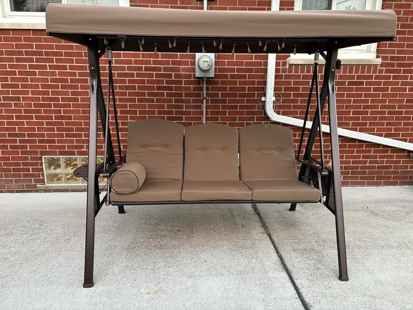 PURPLE LEAF 3-Seat Deluxe Outdoor Patio Porch Swing with Weather Resistant Steel Frame, Adjustable Tilt Canopy, Cushions and Pillow Included, Beige-VerdiqueGarden