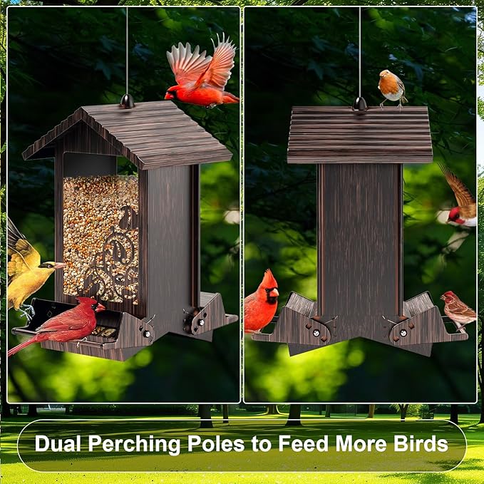 Squirrel Proof Bird Feeder for Outdoor Hanging,Metal Bird Seed Feeder with Bilateral Weight Activated Perches,5LB Large Capacity Wild Bird Feeders for Outside,Easy Refill and Clean,Brown-VerdiqueGarden