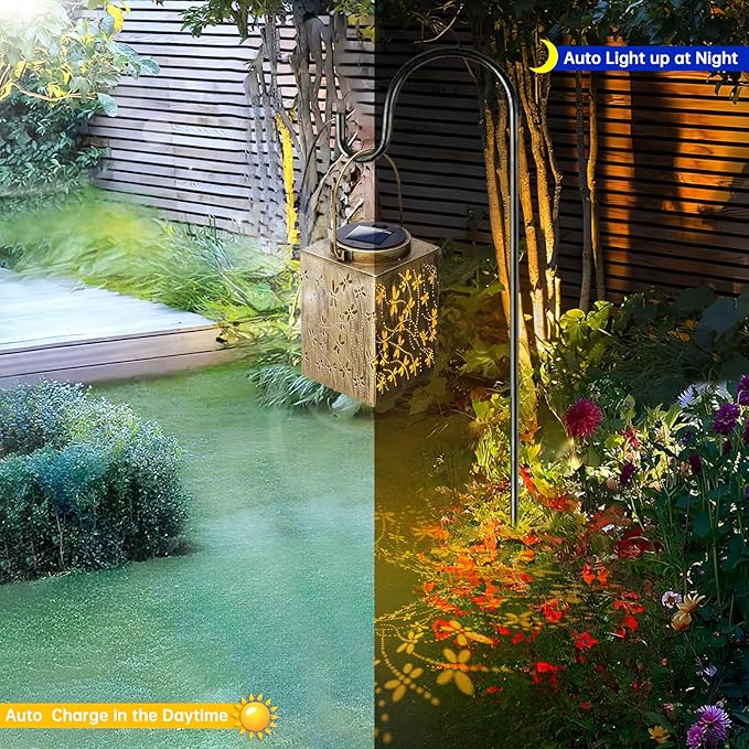 2 Pack Solar Lanterns Outdoor Waterproof - Metal Solar Garden Lights for Patio Porch Yard Garden Decor, Christmas Birthday Gifts for Women Mom Men (Dragonfly)-VerdiqueGarden