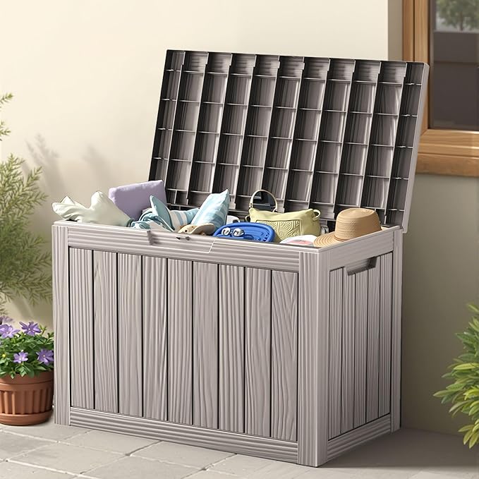 45 Outdoor Storage Box, Waterproof Resin Deck Box with Side Handles, Lockable Outdoor Bench for Indoor & Outdoor Use, Storage Bin for Patio Cushions, Garden Tools, Package Delivery, Grey-VerdiqueGarden