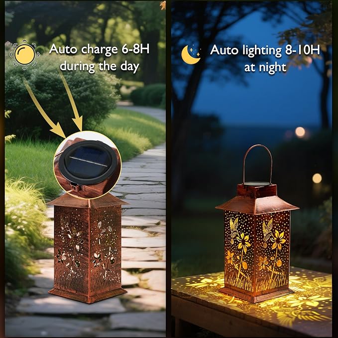 Homemory Hummingbird Solar Lanterns Waterproof, Metal Hanging Hollowed-Out Metal Decor Lantern, LED Outdoor Decoration for Outside LED Lanternse for Yard, Backyard, Porch, Lawn-VerdiqueGarden
