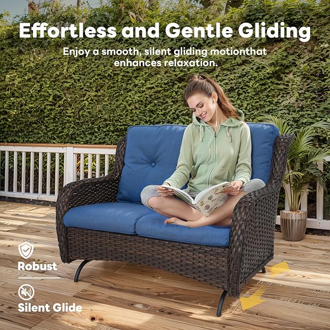 4 Piece Patio Furniture Set - Outdoor Glider Bench with Swivel Rocker Chairs and Coffee Table, High Back Small Outdoor Conversation Furniture Sets for Deck Sunroom Balcony Backyard-VerdiqueGarden