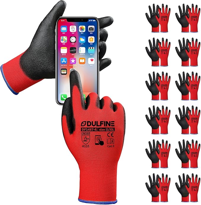 DULFINE Safety Work Gloves PU Coated for Men and Women-12 Pairs,Red Seamless Knit Glove with Two Fingers Touchscreen,Ideal for General Duty Work (XX-Large)-VerdiqueGarden