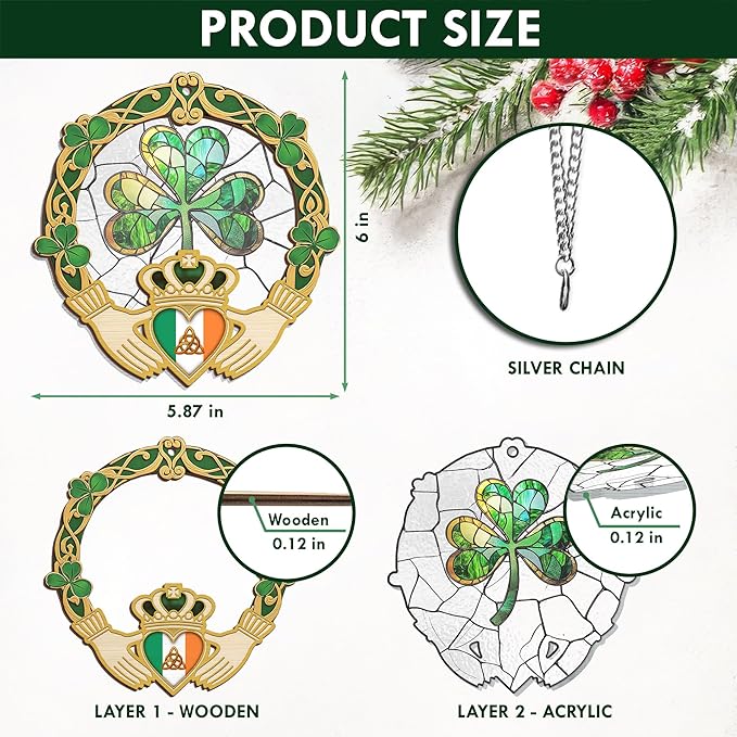 FLAGWIX Irish Gifts for Women, Men - Christmas, Birthday Gifts for Women, St Patricks Day, Shamrock Decorations, Good Luck Gifts, Claddagh, Celtic Home Decor - Window Suncatcher Hanging Decorations-VerdiqueGarden