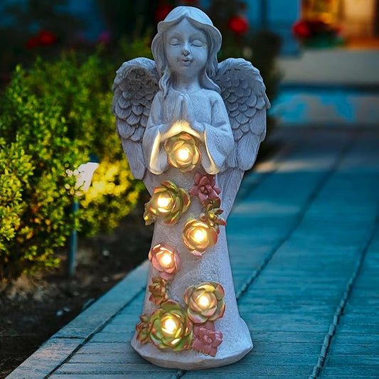 Angel Solar Garden Outdoor Statues with Succulent Plants and 6 LED Lights– Outside Solar Garden Decor Figurines -Remembrance & Sympathy Gifts Decorations-VerdiqueGarden