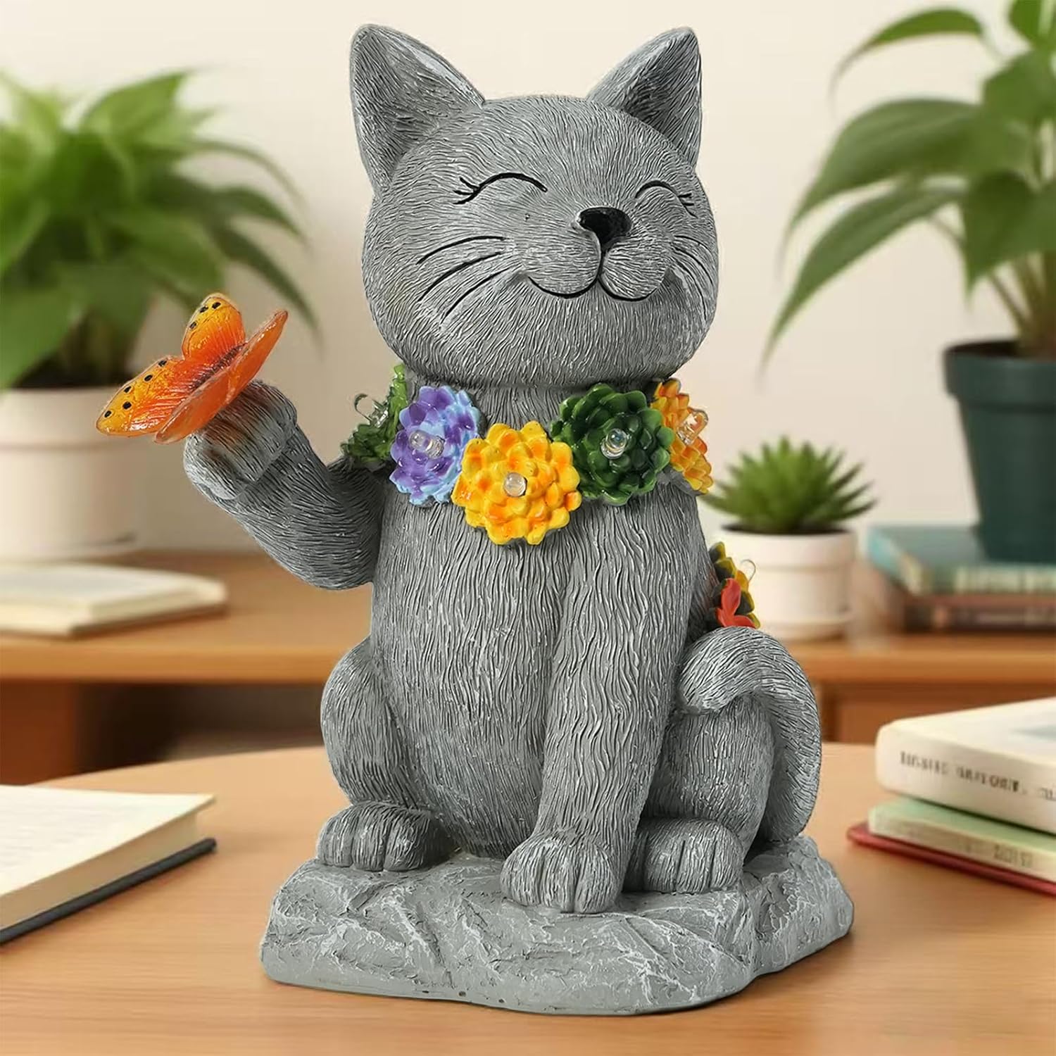 Outdoor Solar Cat Garden Statue - with LED Flower and Butterfly Statue Light, Suitable for Lawn Decor, Porch, Yard Decorations Outdoor, Birthday Gift for Women-VerdiqueGarden