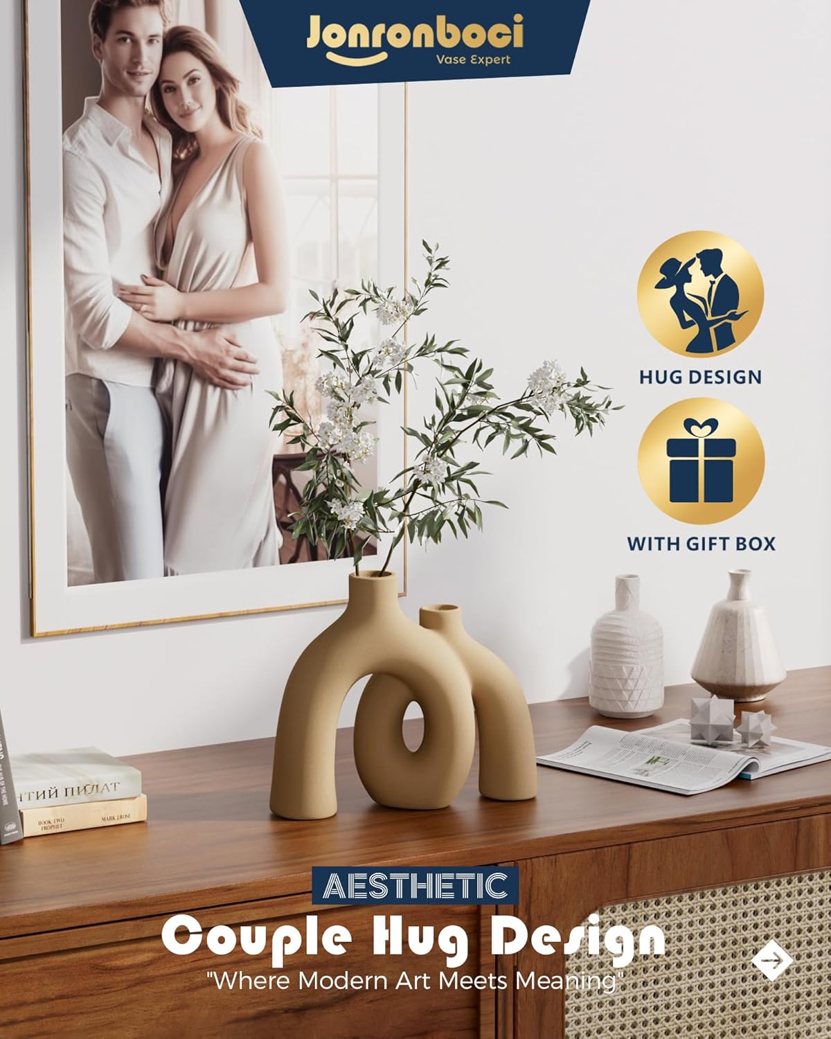 Hug Donut Decorative Vase Set - Tan Modern Rustic Farmhouse Style Vases Home Decor,Matte Ceramic Decorations for Living Room Shelf, Bookshelf Mantle Entryway Table Centerpiece or Console Décor(Brown)-VerdiqueGarden