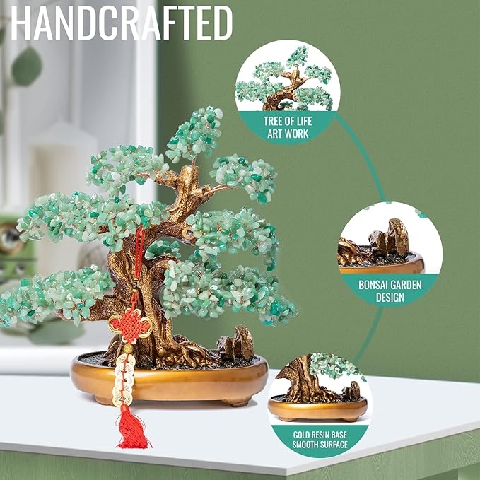 Green Aventurine Gemstone Crystal Bonsai Tree of Life Large Feng Shui Money Chakra Tree for Luck and Wealth Desk Decoration(1,251 Gem Count)-VerdiqueGarden
