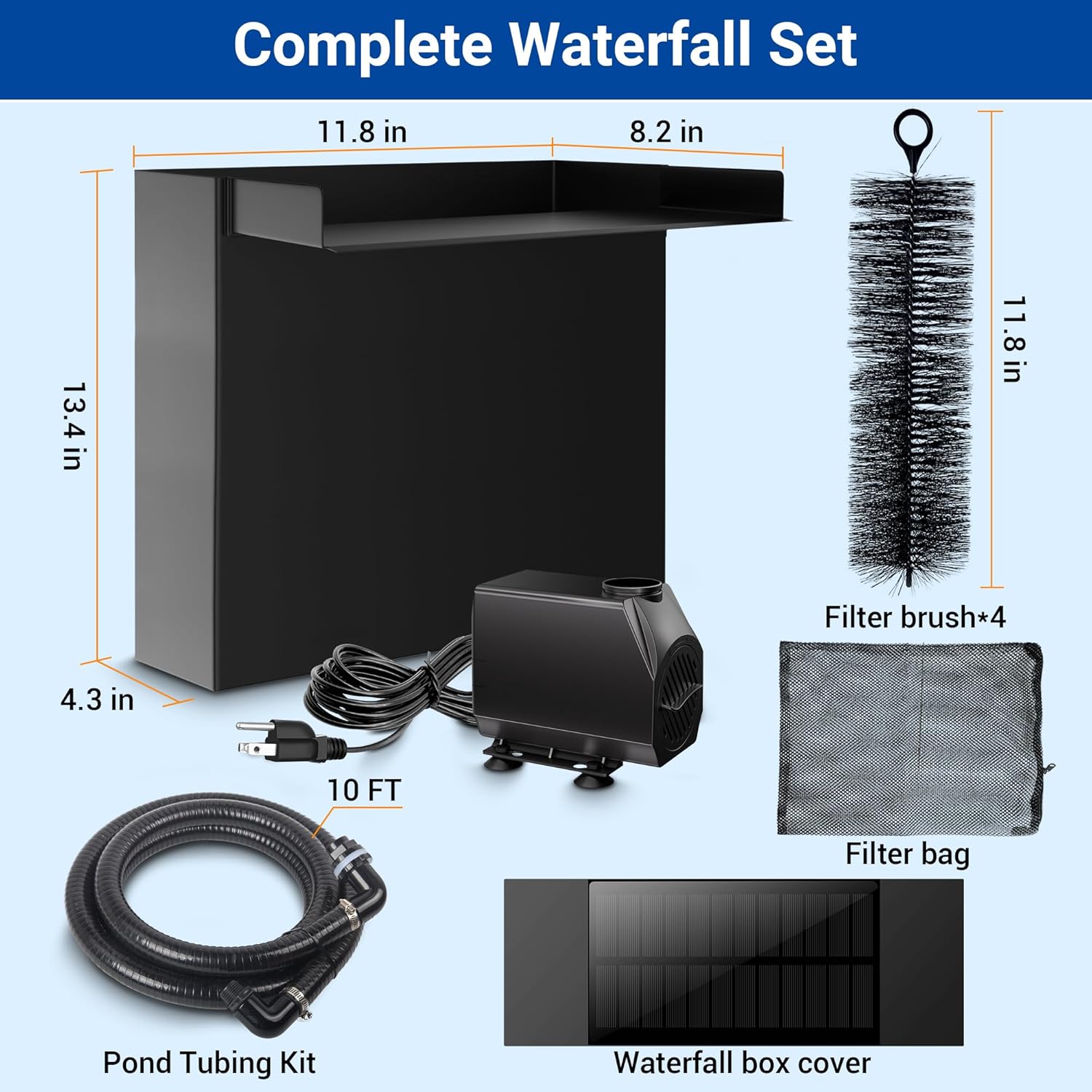 NFESOLAR Pond Waterfall Spillway with Pump Kit, Large 11.8" W 13.4" H Capacity Stainless Pond Waterfall Box with Filtration, LED Lights for Garden Outdoor Pond up to 2000 Gallons N4313-VerdiqueGarden