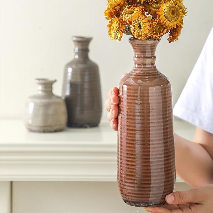 Ceramic Vases Set of 3, Neutral Rustic Farmhouse Vases Home Decor Decorative Flower Vase Modern Boho Pampass Vase for Table Mantel Entryway Shelf Living Room Kitchen Bathroom - Brown-VerdiqueGarden