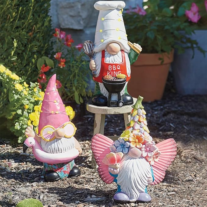 BAYN Garden Gnome Statues Outdoor Decor, Solar Powered Outdoor Gnome with BBQ Grill Decorative Yard Garden Lights Art Gifts with 11 Warm White LEDs-VerdiqueGarden