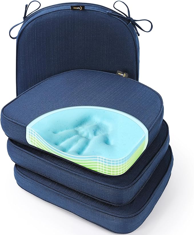 SUNROX Gel Memory Foam Chair Cushion with Ties, Ultra Durable Water Resistant FadeShield Outdoor/Indoor Reversible Chair Seat Cushion 17 x 16 inch Set of 4, Navy-VerdiqueGarden