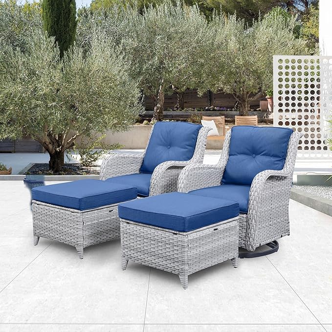 4 Pieces Patio Furniture Sets, Wicker Patio Swivel Glider Chair with Ottomans, Outdoor Furniture Set for Outside Porch Deck Balcony, Light Grey-VerdiqueGarden