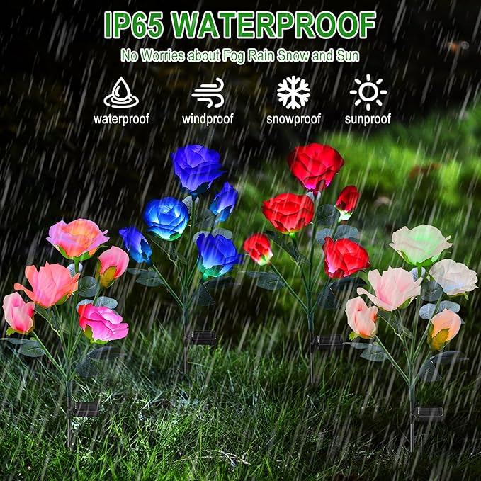 ANGMLN Solar Garden Lights, 6 Pack Solar Flower Lights Outdoor Waterproof with 30 Head Realistic Rose 7-Color Changing Landscape Light for Garden Yard Pathway Patio Grave Cemetery Decoration-VerdiqueGarden