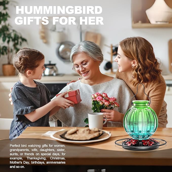 Glass Hummingbird Feeder for Outdoors Hanging, Bird Nectar Feeder with Perch & 5 Flower Feeding Ports, 26 Oz Leak Proof for Outside Garden Decor Backyard, Gifts for Women Mom, Green & Blue-VerdiqueGarden