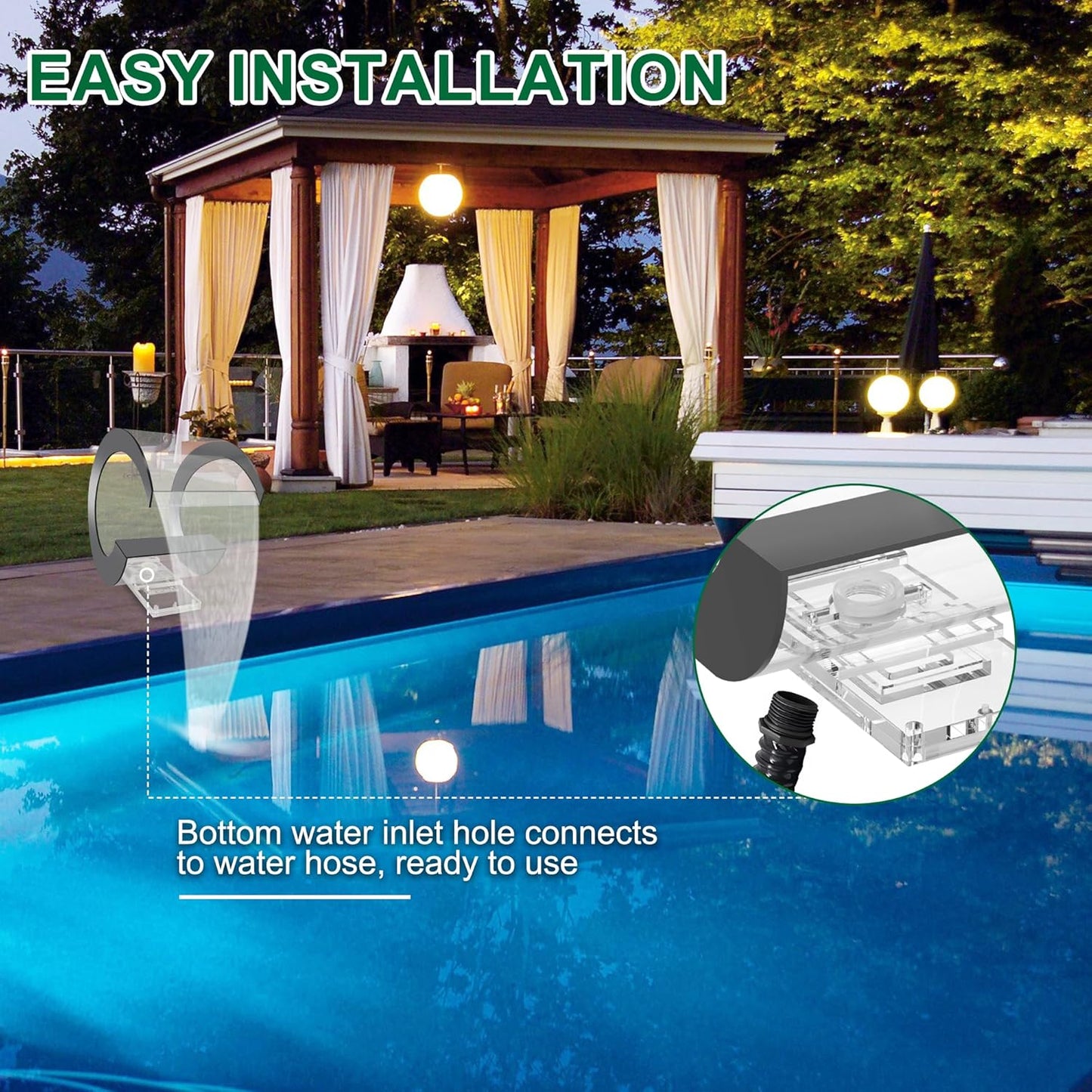 Pool Waterfall Fountain Transparent Acrylic Fountain 15.16'' x 15.16'' x 11.42'' Silver Pool Fountains for Ground Pools Garden Outdoor Waterfalls Sheer Descent Pond Water Feature-VerdiqueGarden