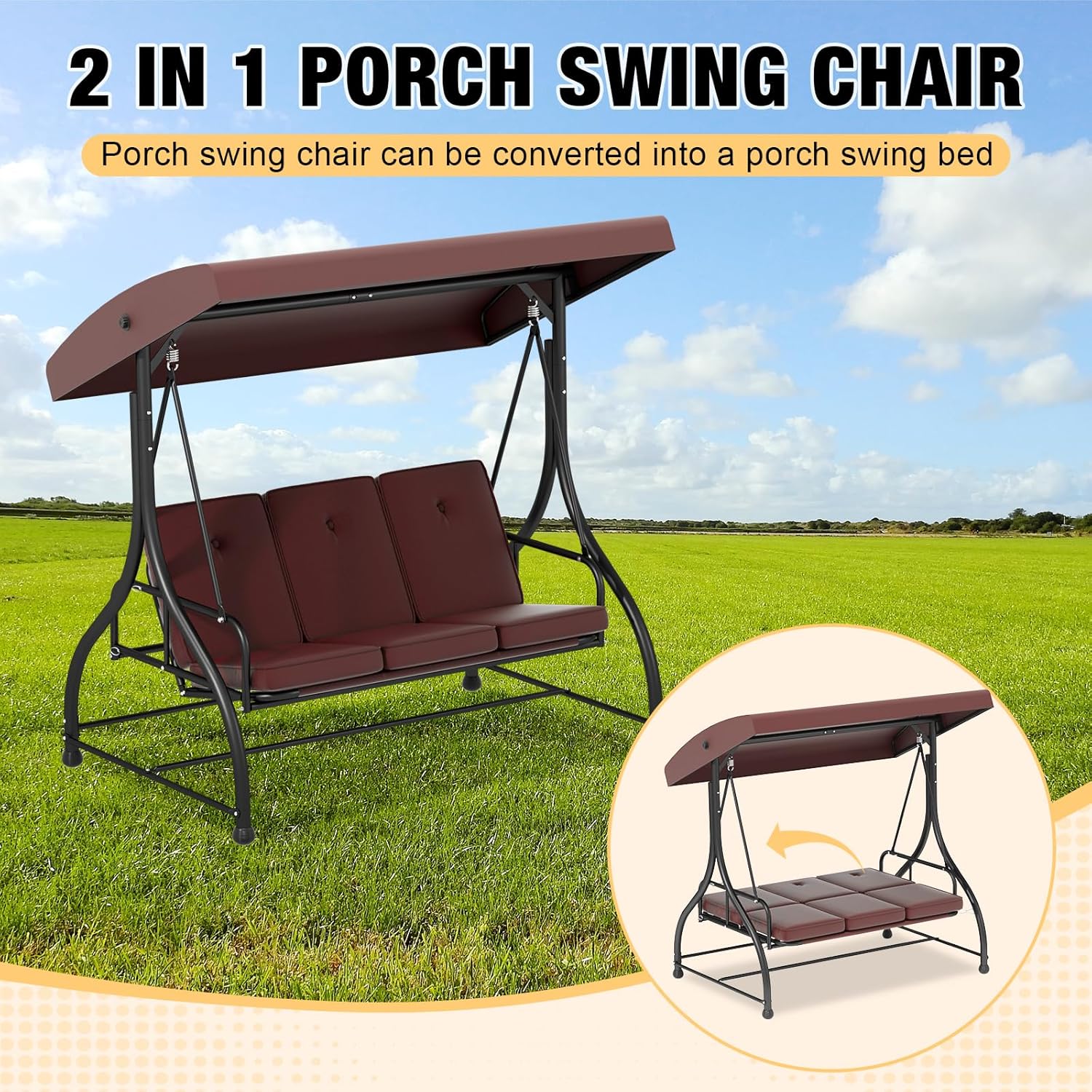 3 in 1 Porch Swing Chair with Adjustable Canopy Cover & Replacement Cushions, 3 Seat Patio Swings Bed with Heavy Duty Stand for Outdoor Backyard, Pools, Garden, Brown-VerdiqueGarden