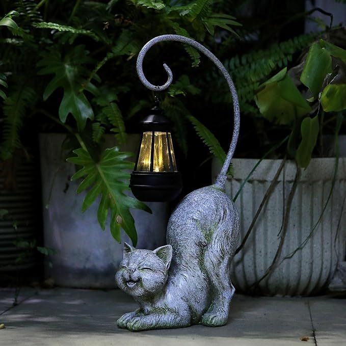 Laughing Cat Figurine with Solar-Powered LED Light, 15.7 Inches Tall Marble, Perfect for Gift Garden Decor or Housewarming for Cat Lovers.-VerdiqueGarden