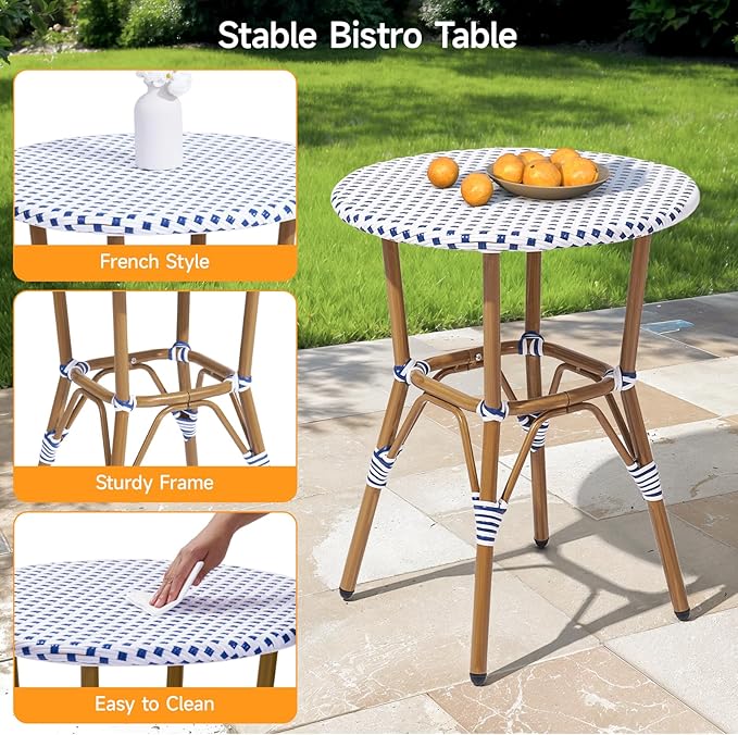 3 Piece French Wicker Bistro Set, Patio Bistro Set with Table and 2 Dining Chairs, All Weather ‎Outdoor ‎Bistro Set with Aluminum Frame, Outdoor Patio Set for Patio Porch Cafes Yard, Navy and White-VerdiqueGarden