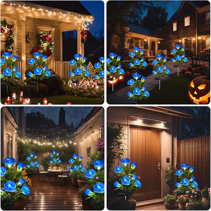 1 Pack Solar Garden Lights Outdoor, 7-Flower Rose Solar Lights for Yard, LED Solar Powered Stake Lights for Patio Pathway Lawn Fence Cemetery, Blue-VerdiqueGarden