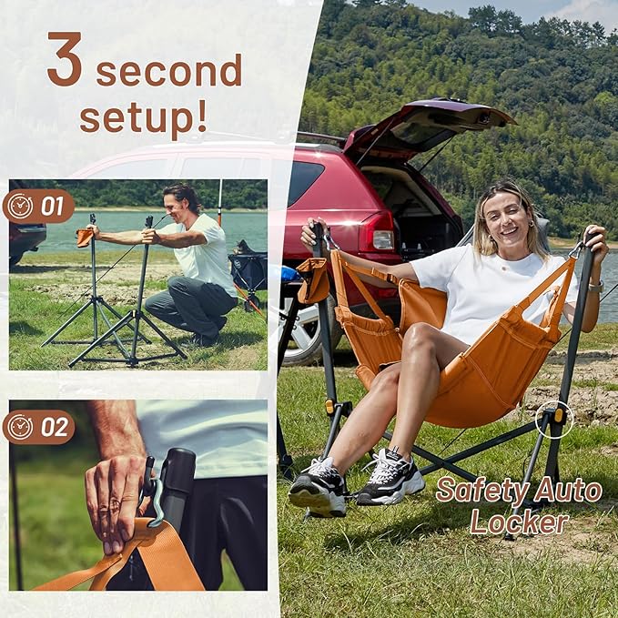 TIMBER RIDGE Hammock Camping Chair with Adjustable Backrest, Heavy Duty Folding Hammock Chair Supports 300lbs, Portable Hammock Chair for Camping, Travelling and Patio, Orange 2 Pack-VerdiqueGarden
