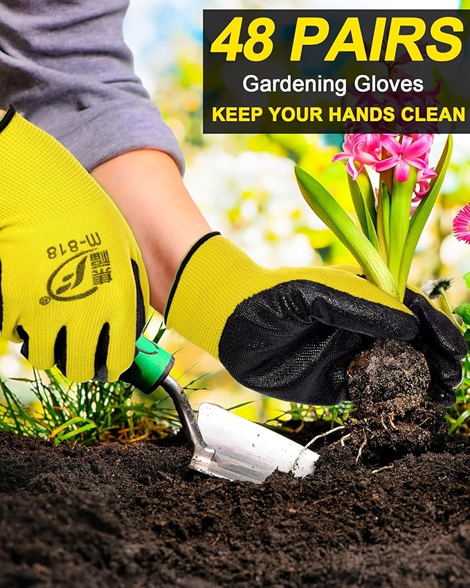 Nuogo 48 Pairs Gardening Gloves for Men Women Rubber Coated Safety Work Gloves Bulk for Gardening Construction Work-VerdiqueGarden