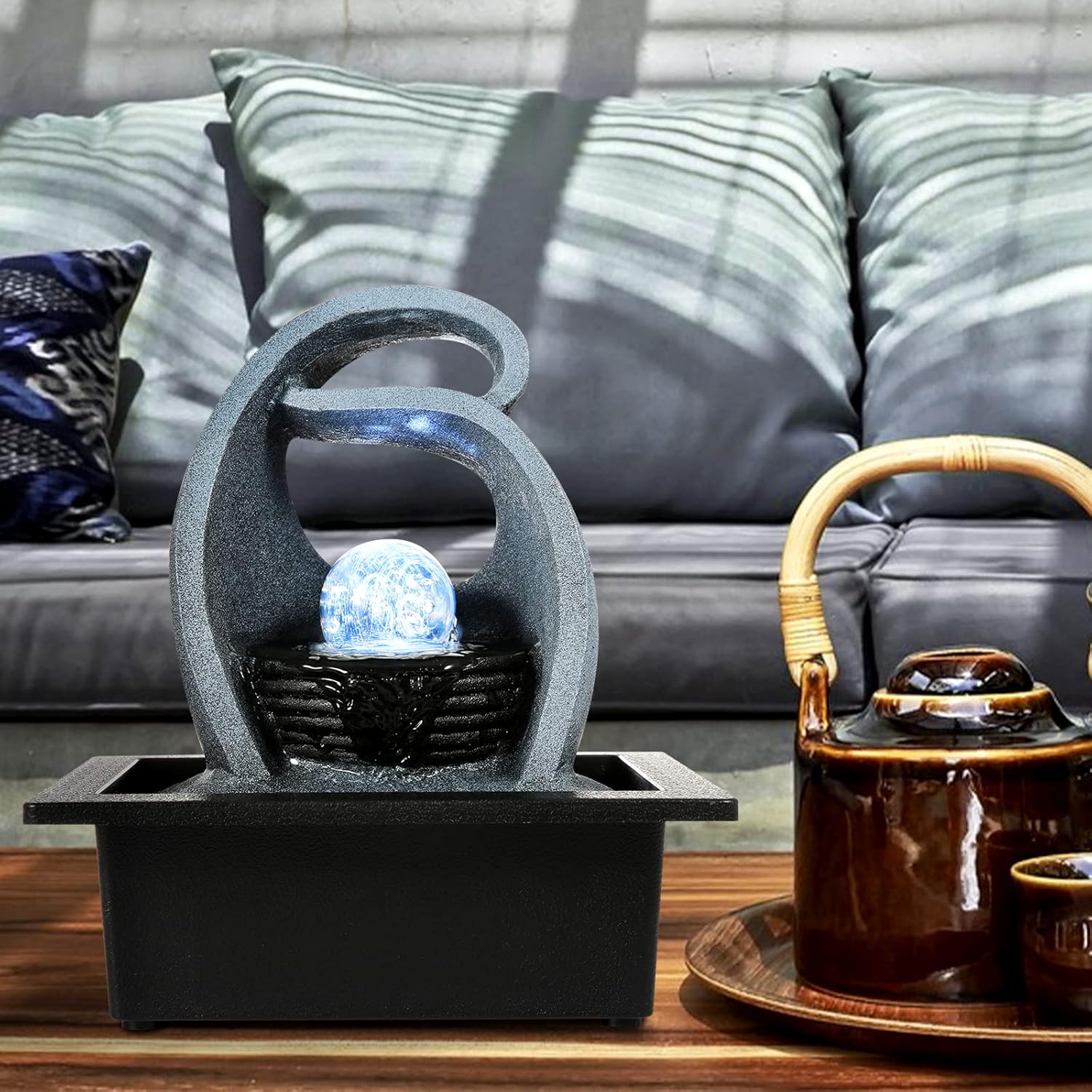 WICHEMI Water Fountains Indoor Waterfall Fountain Tabletop Fountain with LED Rolling Ball Water Feature Indoor Zen Meditation for Home and Office Indoor Spaces Decor (Style 18)-VerdiqueGarden