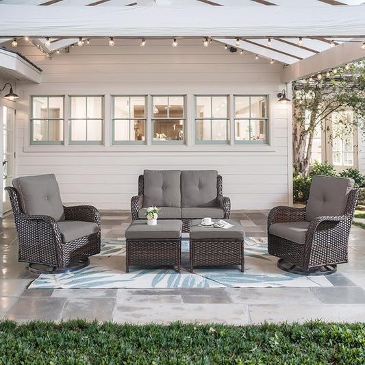 5 Piece Outdoor Patio Furniture Set - Wicker Furniture Patio Conversation Set, Outdoor Swivel Rocker Chairs with Loveseat Sofa and 2 Ottomans for Small Space, Gray Cushion-VerdiqueGarden
