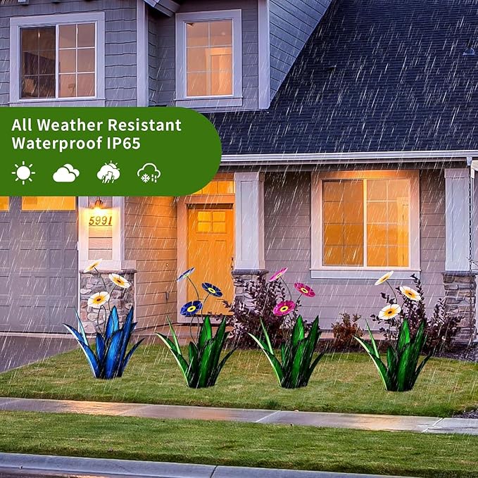 Upgraded Large Metal Yard Art, Agave Plant Yard Decorations Outdoor Sculpture, Flowers for Outside, Waterproof Outdoor Garden Decor (Purple + Blue Flower)-VerdiqueGarden