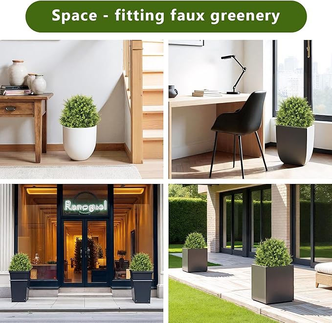 THE BLOOM TIMES 2ft Faux Boxwood Plants Outdoor Set of 2, Topiary Balls Artificial Outside Trees, 24" UV Resistant Fake Greenery Bushes & Shrubs for Front Porch Planter-VerdiqueGarden