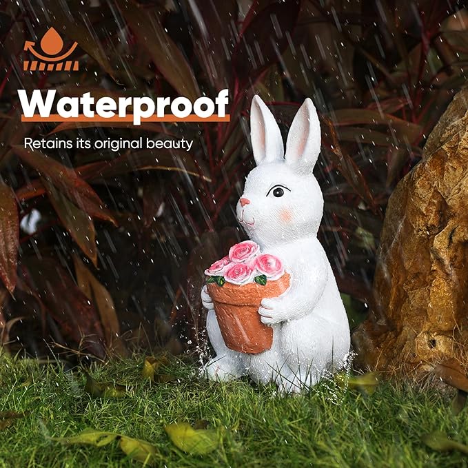 Brightever Solar Powered Outdoor Garden Statues- Rabbit with Flowers and 5 Colorful LED Lights, 11.8IN Outdoor Figurine Lights, Solar Garden Bunny Statue for Easter Decor, Gifts for Mom, Housewarming-VerdiqueGarden