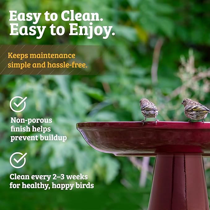 Birds Choice Ohio Stoneware Bird Bath | Pedestal Bird Bath, Stable Locking Top | Weather-Resistant Ceramic Clay, Glazed Finish | Outdoor Garden & Patio Decor | 22" H x 17" D, Burgundy-VerdiqueGarden