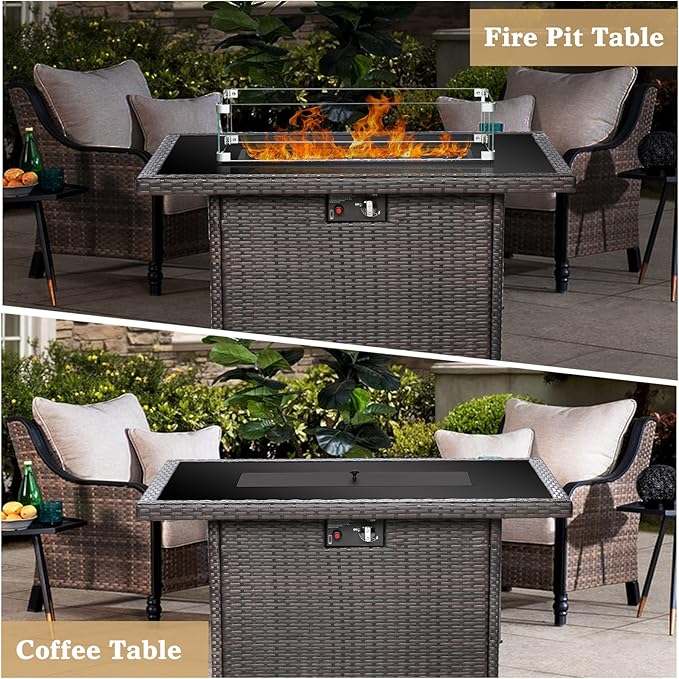 Propane Fire Pit Table,44 Inch 55000 BTU Outdoor Gas Fire Pit Rectangular with Glass Wind Guard for Outside Patio Deck (Brown-Glass Top)-VerdiqueGarden