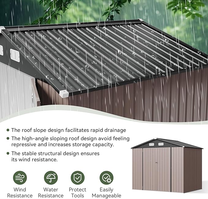 Aoxun 7x5 FT Outdoor Storage Shed Garden Metal Shed with Lockable Door Outdoor Large Shed for Tool, Garbage Can, Bike, Mower, Brown-VerdiqueGarden