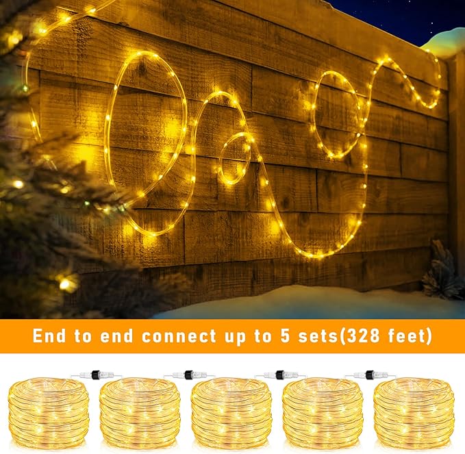 Rope Lights for Outside, 66FT 200 LED Rope Lights Outdoor/Indoor with Waterproof 8 Modes, Connectable Plug in Christmas Tree Light for Bedroom Pool Garden Party Holiday Decorations, Warm White-VerdiqueGarden