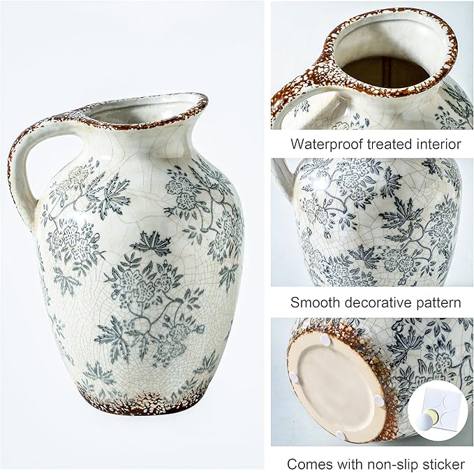 Enra Vintage vase with Handle,Blue and White Ceramic Decorative Flower vase, Chinoiserie Floral Vase,Large Rustic Vases for Home Decors, Living Room, Bookshelf, Office，9.7 inch-VerdiqueGarden