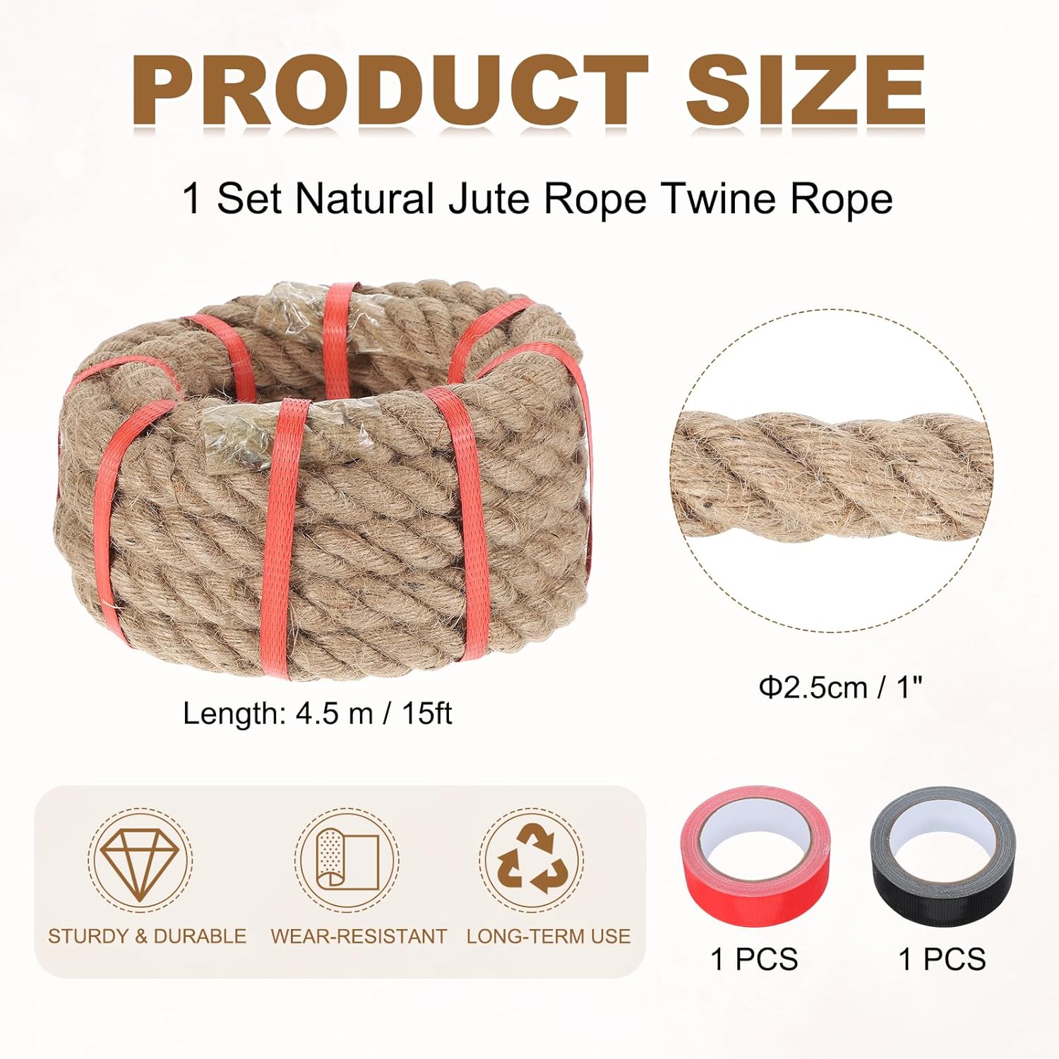 MECCANIXITY Jute Rope 1 Inch x 15ft, Thick Twine Rope Ropes Braided Jute Twine Natural Brown Burlap Cord String Heavy Twisted with Tapes for Decorative Crafts Railing Swing Tug of War-VerdiqueGarden
